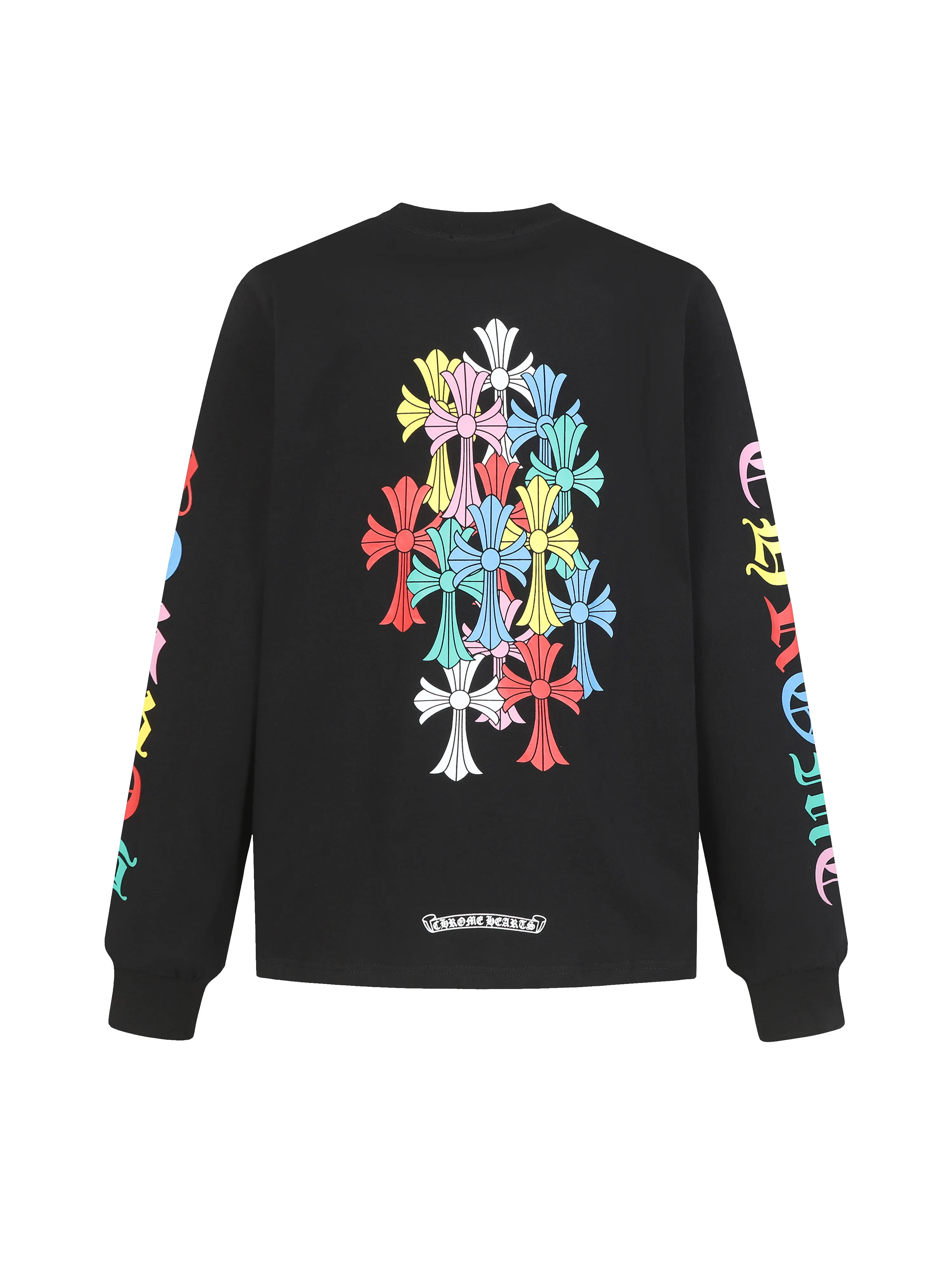 🅿️260 Come Hearts/Cro Hearts Colorful Cross Sanskrit Printed Long Sleeves, great for autumn and winter! Chest pockets, high weight threads on collar and cuffs, custom woven and dyed 280g double yarn pure cotton fabric, washed anti-counterfeiting tags and other auxiliary labels are all correct versions, super conspicuous, super good-looking, super atmospheric, same style for men and women! The overall upper body highlights fashion and individuality, and it is a recommended T-shirt for couples to wear together!! Color: black/white Size: XS-L